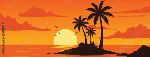 Serene Orange Tropical Beach Sunset Flat Vector Landscape Banner With Palm Trees And Flying Birds