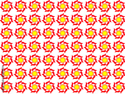 Konstfotografi Vibrant seamless pattern featuring repeating red and yellow floral star motifs on a clean white background