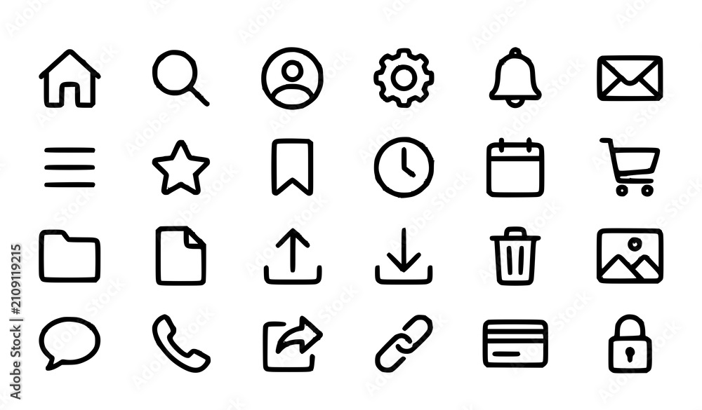 Fototapeta premium Title: Modern Essential User Interface Outline Icons Collection on White Background