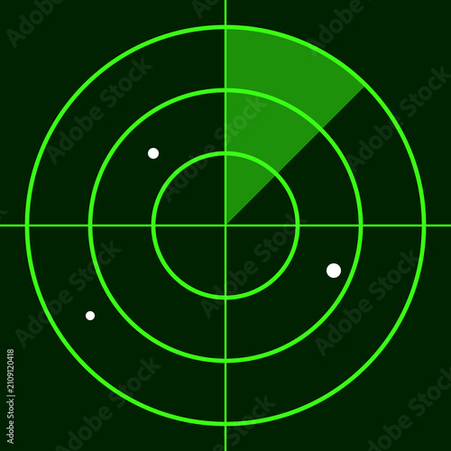 Neon green digital sonar screen showing radar sweep with target blips and scanning technology illustration