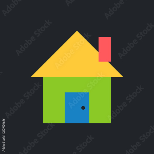 Simple geometric house icon with a yellow roof and blue door on dark background illustration