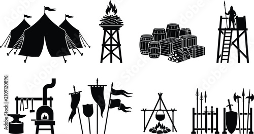 Bild auf Leinwand Collection of medieval encampment silhouette elements