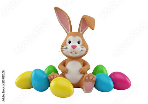 Cute brown easter bunny sitting with many colorful painted eggs for spring holiday isolated on transparent background