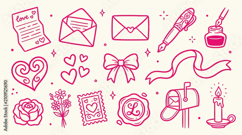 Bild auf Leinwand Collection of romantic and love-themed hand-drawn icons and illustrations in pink