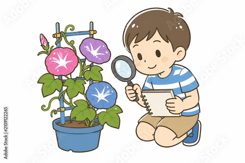 夏休みに朝顔を虫眼鏡で観察し自由研究をする男の子のイラスト