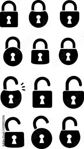 Padlock lock unlock security icons set. Safe access password protect keyhole symbol collection. Black filled silhouette, solid flat vector.
