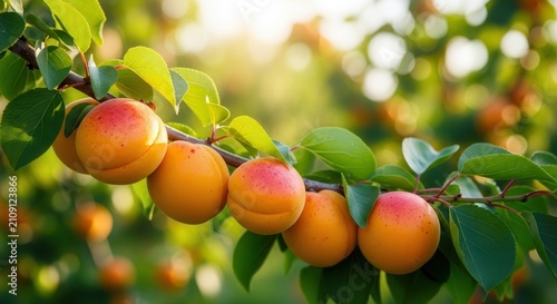 apricots on tree branch with green leaves