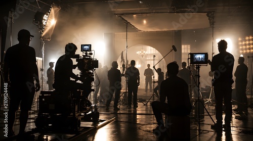 Professional film crew working on a movie set in a dark studio with bright lighting equipment.
