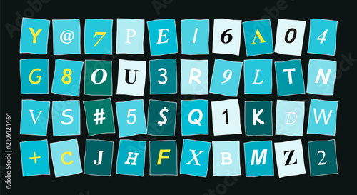 Foto Abstract image featuring a playful arrangement of blue-hued letter and number tiles scattered across a dark background