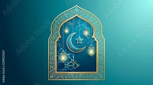 Islamic arch window with lanterns on teal background