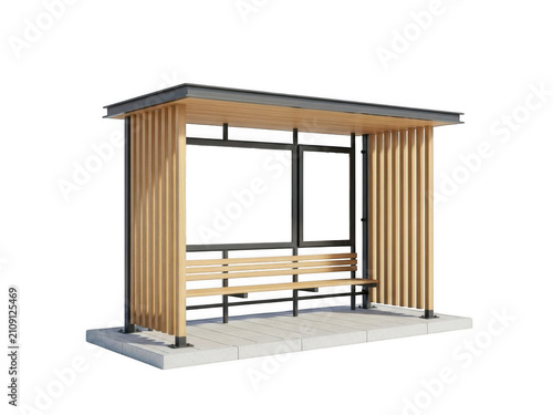 Fotografie Modern wooden bus stop shelter with metal roof isolated on transparent backgroun