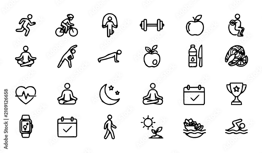 Fototapeta premium Title: Healthy Lifestyle and Fitness Icon Set Editable Stroke Vector Illustration