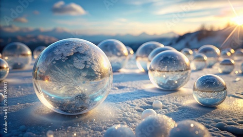 Frozen spheres suspended amidst crystalline silence on a pristine canvas of unblemished alabaster
