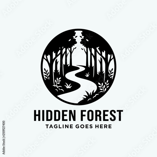 Stunning silhouette of a forest trail within a circle. Ideal for outdoor adventure, hiking, and conservation branding.