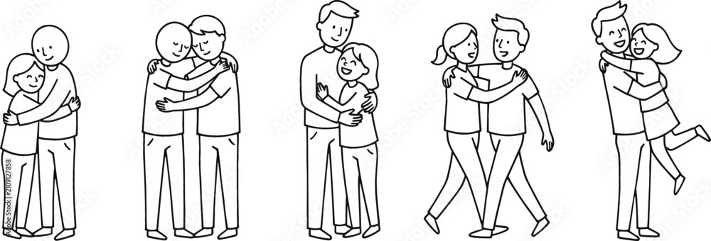 Naklejka premium Happy Couples and Friends Hugging Line Art Vector Icon Set with People Embracing in Various Poses for Relationship Love and Friendship Concepts