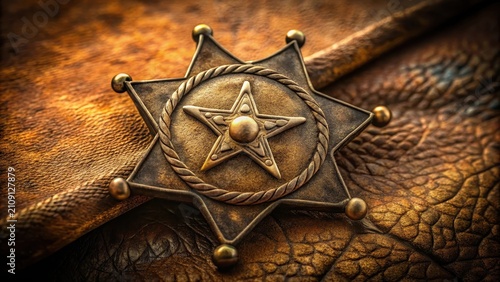 A tarnished antique bronze sheriffs star badge sits on worn leather amidst dusty relics of a bygone wild west