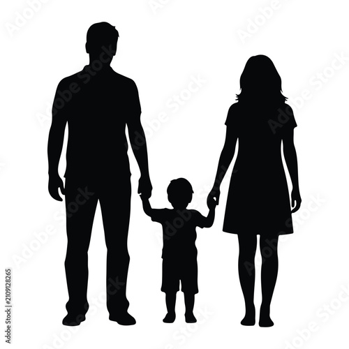 Silhouette of parents holding hands with toddler, black figures on white background