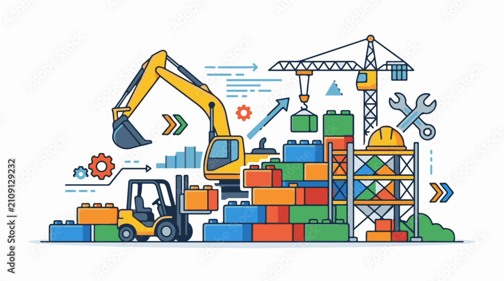 Fototapeta premium Construction scene with heavy machinery building blocks and tools