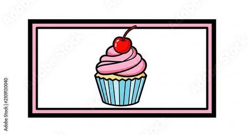 Pink Frosting Cupcake with Cherry on Top, Cute Cartoon Style