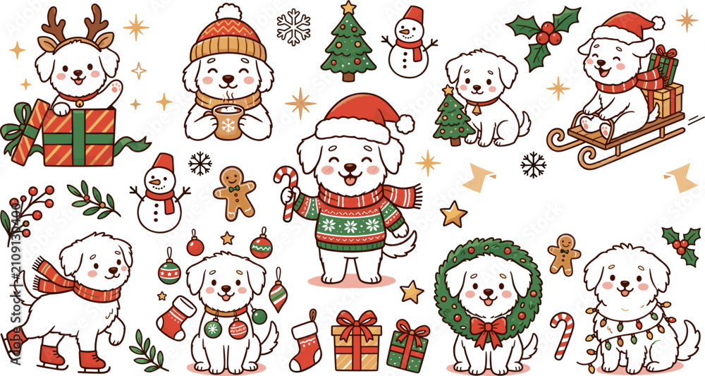 Fototapeta premium Large Vector Collection of Cute Christmas Dog Mascot Icons and Kawaii Winter Puppy Doodle Elements for Festive Holiday Greeting Cards and Seasonal Sticker Packs