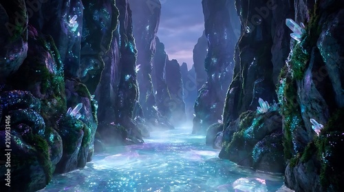 Obraz na płótnie Magical cave interior with glowing crystals and river.
