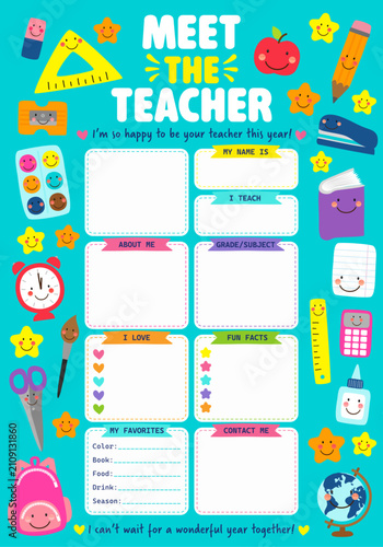 Meet the Teacher Template Poster with Cute Kawaii School Supplies and Classroom Introduction Page