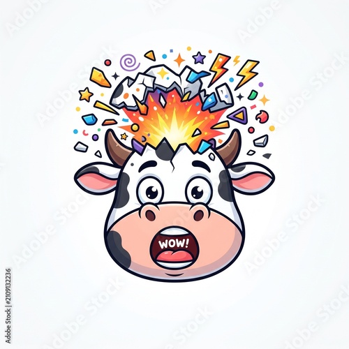 Cute cartoon cow head mind blown explosion vector illustration, funny astonished shocked cow concept