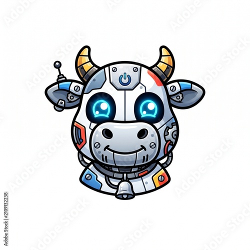 Cute Robot Cow Mascot Head Futuristic Cyborg Vector Illustration