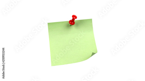 Blank green sticky note paper with a curled corner pinned by a red thumbtack isolated on white background