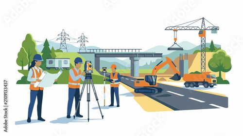 Construction workers surveying a road project with heavy machinery and infrastructure