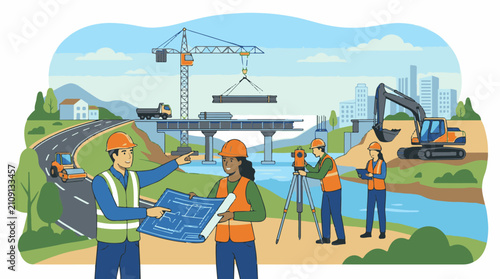 Construction workers surveying and directing bridge building with equipment