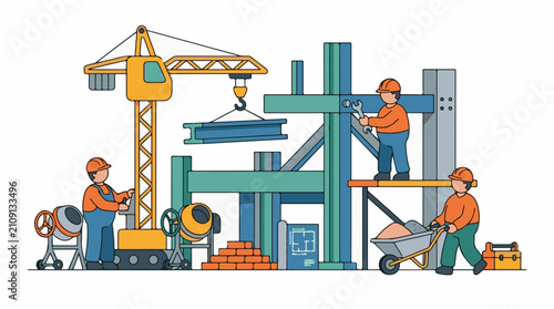 Construction workers use crane and tools to build a structure