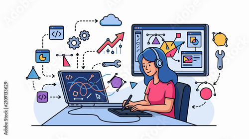 Creative professional designs digital graphics and code with headphones