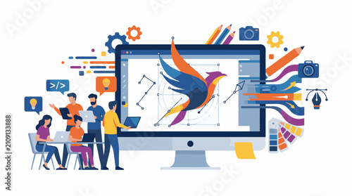 Creative team collaborates on digital design illustrating a vibrant bird