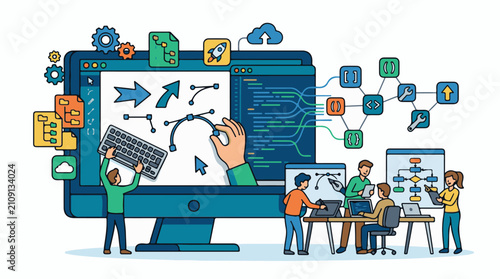 Creative team collaborates on digital project with code design and flowcharts
