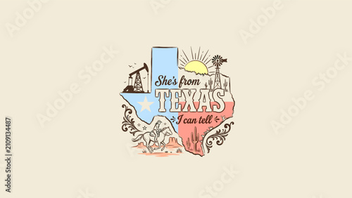 Fotografía Vintage Texas state illustration featuring a cowboy riding a horse, oil pump jack, rustic windmill, and desert cactus under a bright sun with the text She's from Texas I can tell included