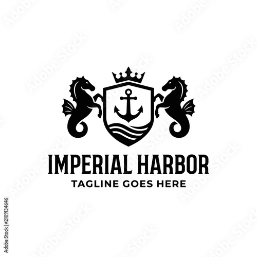 Luxurious maritime coat of arms featuring a crown and shield. Perfect for premium nautical clubs or high-end resorts.