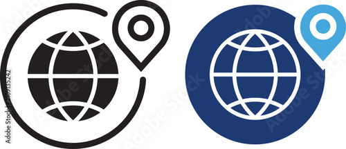 Global location icon. World map pin symbol. Geolocation sign. Simple pictogram for international address, GPS navigation, travel. Global location pin icon set featuring earth globe with map marker in 