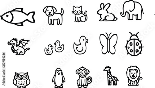 Photography Cute animals black and white line icon set featuring dog, cat, rabbit, elephant,