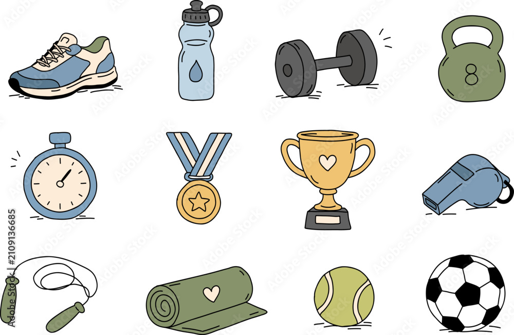 Obraz premium Cute sports and fitness doodle collection with sneakers, water bottle, dumbbell, kettlebell, stopwatch, medal, trophy, whistle, jump rope, yoga mat and sports balls. Vector icon set.