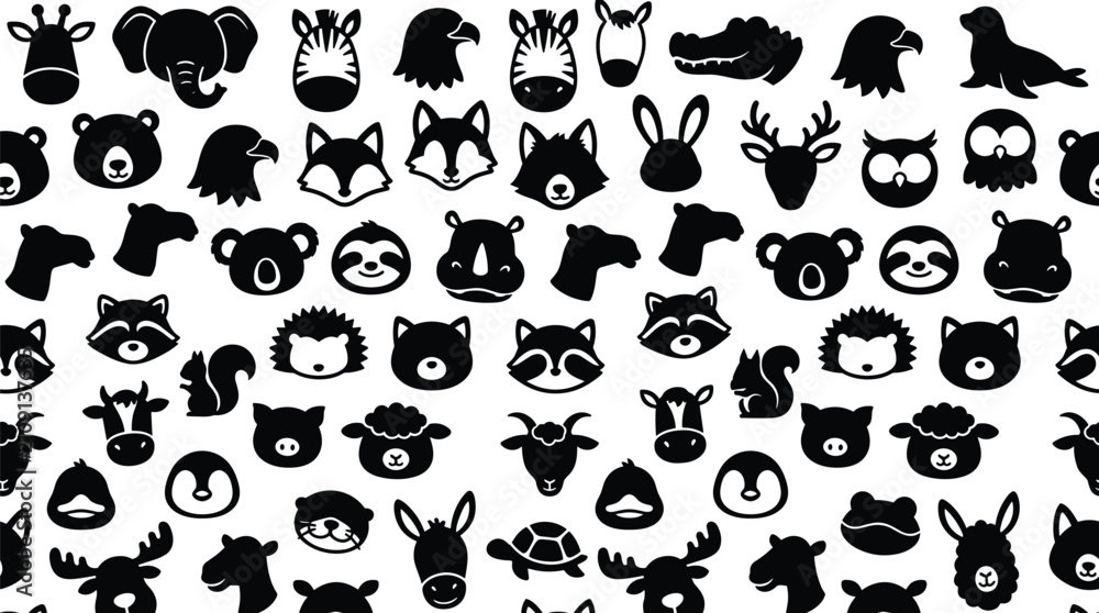 Obraz premium Cute baby animal faces silhouette seamless pattern vector black cartoon safari zoo farm forest wallpaper backdrop on white background