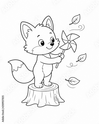 Vertical kawaii line art illustration of a playful fox cub holding a pinwheel on a tree stump in a whimsical autumn setting ideal for children's coloring book design