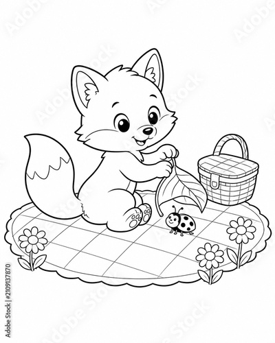 Vertical children's coloring book illustration featuring cute fox in picnic setting with ladybug and flowers, ideal for educational fun activities for toddlers and preschoolers