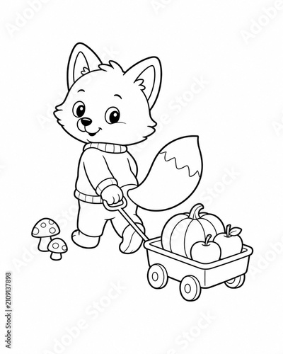 Vertical black and white cartoon illustration of cute fox pulling wagon with pumpkins and apples autumn harvest fun activities coloring page
