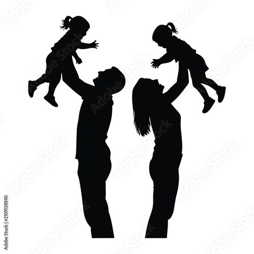 Silhouette of parents lifting children, happy family moment