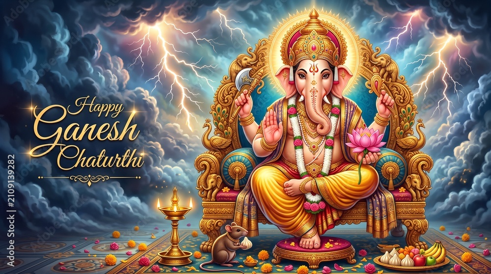 Fototapeta premium Majestic Lord Ganesha enthroned amid celestial lightning and divine radiance for festive spiritual celebration