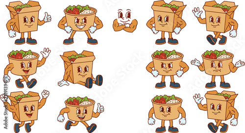 Foto Retro Vintage Asian Food Box and Salad Bowl Cartoon Mascot Character Set for Del