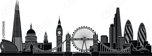 Konstfotografi London skyline silhouette illustration, iconic landmark artwork, cityscape archi