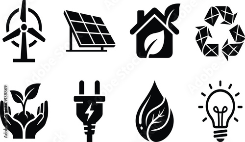 Foto Green Energy and Ecology Silhouette Icon Set with Wind Turbine Solar Panel Eco H