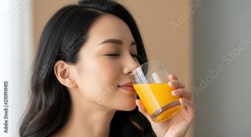 Woman enjoying a refreshing glass of orange juice, healthy lifestyle
